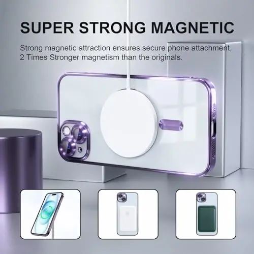 Misea Magnetic for iPhone 15 Plus Case MagSafe bilan mos [Hech qachon sarg'aymaydi] [Harbiy darajadagi tushishdan himoya] To'liq kamera linzalari himoyachisi Qoplama Yumshoq Shaffof Ayollar uchun telefon qutisi, Binafsha - 5