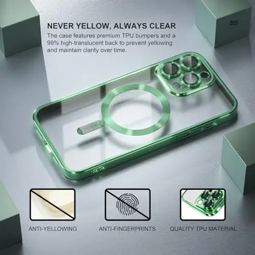Misea Magnetic for iPhone 15 Pro Case Compatible with MagSafe [Never Yellowing] [Military Grade Drop Protection] Full Camera Lens Protector Plating Soft Clear Phone Case for Women Girls, Green - 3