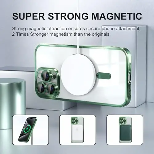Misea Magnetic for iPhone 15 Pro Case Compatible with MagSafe [Never Yellowing] [Military Grade Drop Protection] Full Camera Lens Protector Plating Soft Clear Phone Case for Women Girls, Green - 5