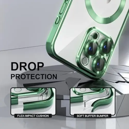 Misea Magnetic for iPhone 15 Pro Case Compatible with MagSafe [Never Yellowing] [Military Grade Drop Protection] Full Camera Lens Protector Plating Soft Clear Phone Case for Women Girls, Green - 4