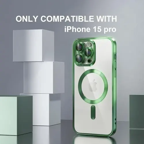 Misea Magnetic for iPhone 15 Pro Case Compatible with MagSafe [Never Yellowing] [Military Grade Drop Protection] Full Camera Lens Protector Plating Soft Clear Phone Case for Women Girls, Green - MISEA (1)