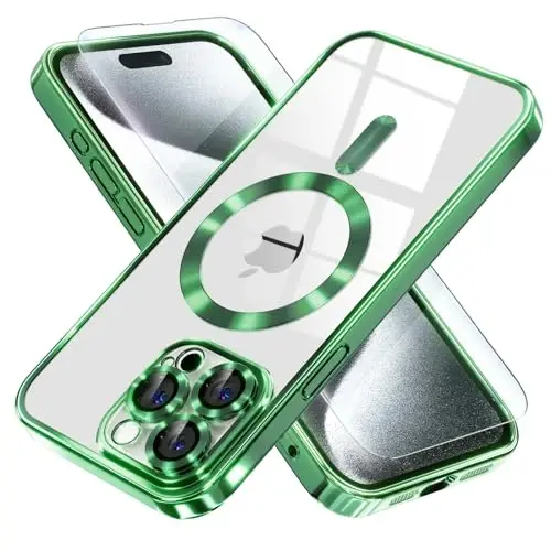 Misea Magnetic for iPhone 15 Pro Case Compatible with MagSafe [Never Yellowing] [Military Grade Drop Protection] Full Camera Lens Protector Plating Soft Clear Phone Case for Women Girls, Green - MISEA