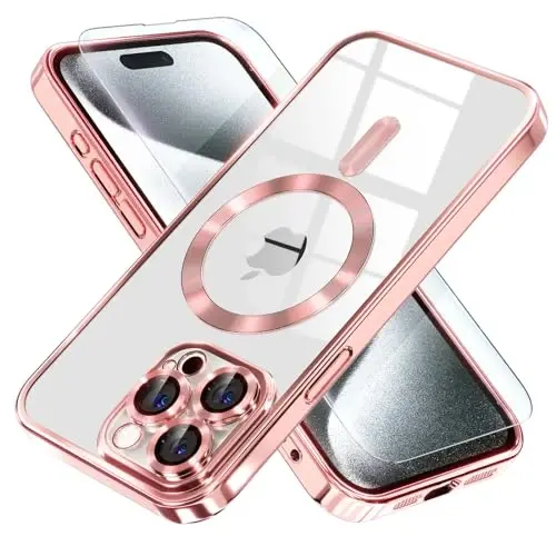 Misea Magnetic for iPhone 15 Pro Case Compatible with MagSafe [Never Yellowing] [Military Grade Drop Protection] Full Camera Lens Protector Plating Soft Clear Phone Case for Women Girls, Pink - MISEA