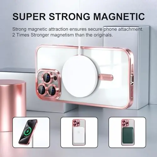 Misea Magnetic for iPhone 15 Pro Case Compatible with MagSafe [Never Yellowing] [Military Grade Drop Protection] Full Camera Lens Protector Plating Soft Clear Phone Case for Women Girls, Pink - 5