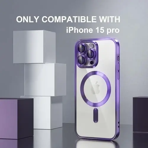 Misea Magnetic for iPhone 15 Pro Case Compatible with MagSafe [Never Yellowing] [Military Grade Drop Protection] Full Camera Lens Protector Plating Soft Clear Phone Case for Women Girls, Purple - 2