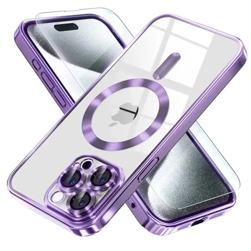 Misea Magnetic for iPhone 15 Pro Case Compatible with MagSafe [Never Yellowing] [Military Grade Drop Protection] Full Camera Lens Protector Plating Soft Clear Phone Case for Women Girls, Purple - MISEA