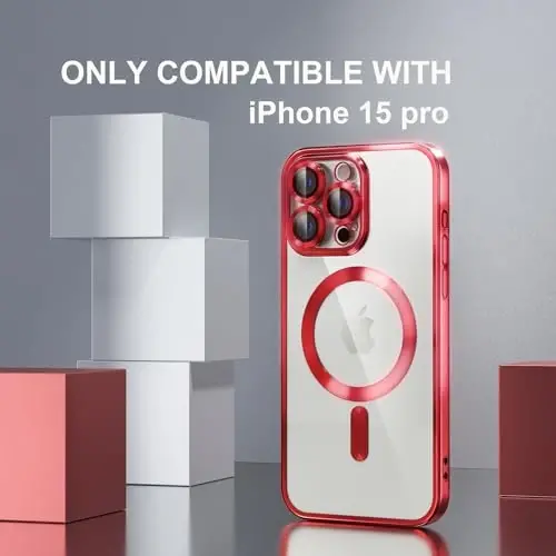 Misea Magnetic for iPhone 15 Pro Case Compatible with MagSafe [Never Yellowing] [Military Grade Drop Protection] Full Camera Lens Protector Plating Soft Clear Phone Case for Women Girls, Red - MISEA (1)