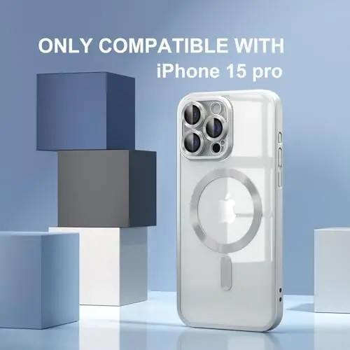 Misea Magnetic for iPhone 15 Pro Case [Never Yellowing] [Military Grade Drop Protection] Full Camera Lens Protector Soft Clear Phone Case for Women Girls, Titanium Silver - 2