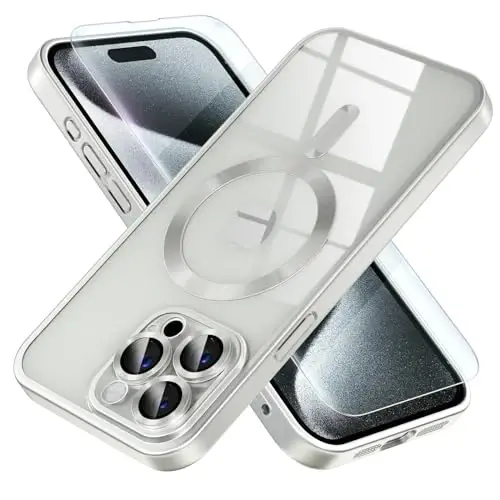 Misea Magnetic for iPhone 15 Pro Case Compatible with MagSafe | Never Yellowing, Military Drop Protection, Full Camera Lens Protector Plating Soft Clear Phone Case Women, Titanium Silver - MISEA