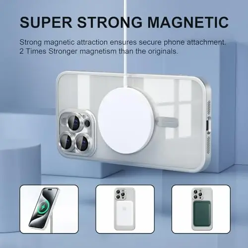 Misea Magnetic for iPhone 15 Pro Case [Never Yellowing] [Military Grade Drop Protection] Full Camera Lens Protector Soft Clear Phone Case for Women Girls, Titanium Silver - 5