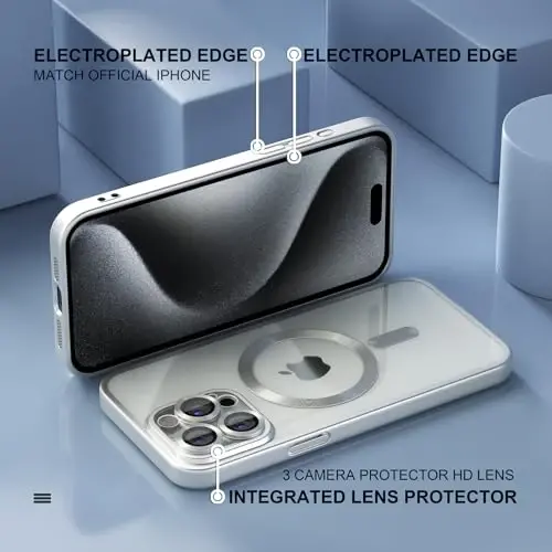 Misea Magnetic for iPhone 15 Pro Case [Never Yellowing] [Military Grade Drop Protection] Full Camera Lens Protector Soft Clear Phone Case for Women Girls, Titanium Silver - 6