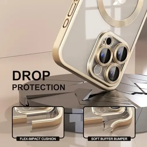 Misea Magnetic for iPhone 15 Pro Max Case Compatible with MagSafe | Never Yellowing, Military Drop Protection, Full Camera Lens Protector Plating Soft Clear Phone Case Women, Titanium Gold - 4