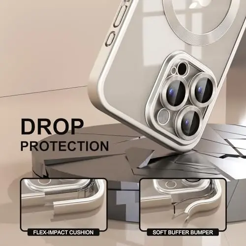 Misea Magnetic for iPhone 15 Pro Max Case Compatible with MagSafe | Never Yellowing, Military Drop Protection, Full Camera Lens Protector Plating Soft Clear Phone Case Women, Titanium Natural - 4