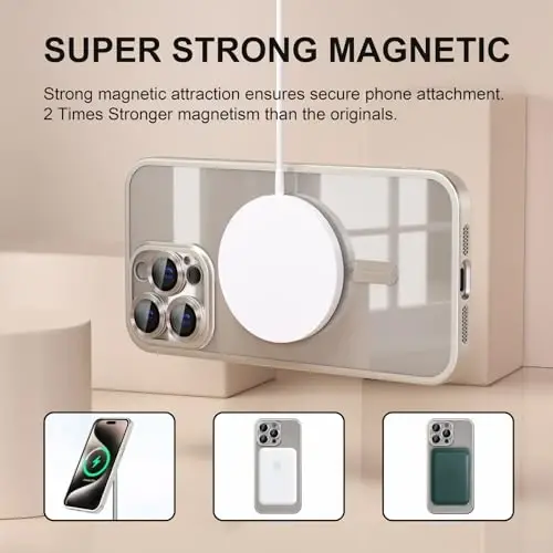 Misea Magnetic for iPhone 15 Pro Max Case Compatible with MagSafe | Never Yellowing, Military Drop Protection, Full Camera Lens Protector Plating Soft Clear Phone Case Women, Titanium Natural - 5