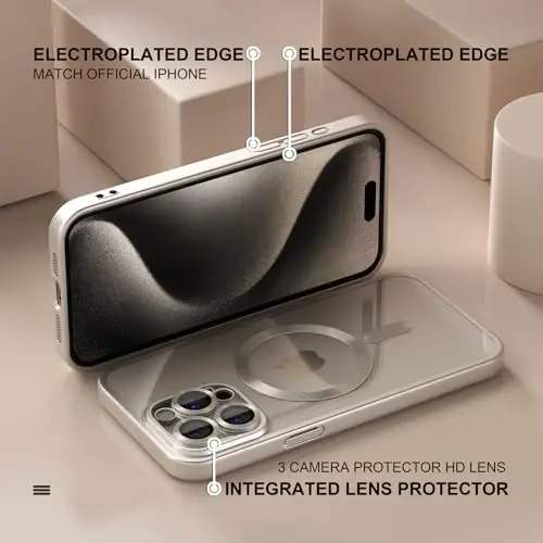 Misea Magnetic for iPhone 15 Pro Max Case Compatible with MagSafe | Never Yellowing, Military Drop Protection, Full Camera Lens Protector Plating Soft Clear Phone Case Women, Titanium Natural - 6