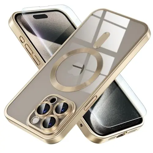 Misea Magnetic for iPhone 15 Pro Max Case [Hech qachon sarg'aymaydi] [Harbiy darajadagi tushishdan himoya] To'liq kamera linzalari himoyachisi Ayollar qizlar uchun yumshoq shaffof telefon qutisi, Titanium Gold 