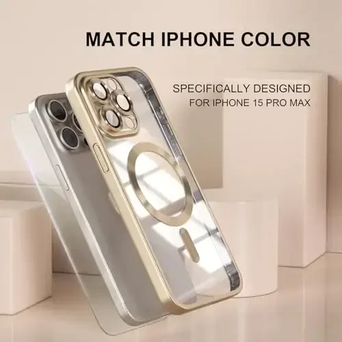 Misea Magnetic for iPhone 15 Pro Max Case [Hech qachon sarg'aymaydi] [Harbiy darajadagi tushishdan himoya] To'liq kamera linzalari himoyachisi Ayollar qizlar uchun yumshoq shaffof telefon qutisi, Titanium Gold - 7