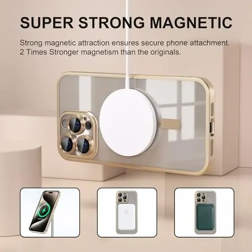 Misea Magnetic for iPhone 15 Pro Max Case [Hech qachon sarg'aymaydi] [Harbiy darajadagi tushishdan himoya] To'liq kamera linzalari himoyachisi Ayollar qizlar uchun yumshoq shaffof telefon qutisi, Titanium Gold - 5