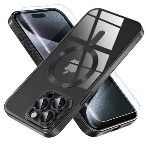 Misea Magnetic for iPhone 15 Pro Max Case [Never Yellowing] [Military Grade Drop Protection] Full Camera Lens Protector Soft Clear Phone Case for Women Girls, Titanium Black - 1