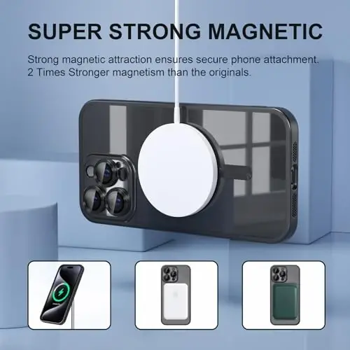 Misea Magnetic for iPhone 15 Pro Max Case [Never Yellowing] [Military Grade Drop Protection] Full Camera Lens Protector Soft Clear Phone Case for Women Girls, Titanium Black - 5