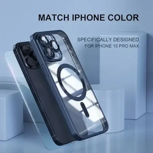 Misea Magnetic for iPhone 15 Pro Max Case [Never Yellowing] [Military Grade Drop Protection] Full Camera Lens Protector Soft Clear Phone Case for Women Girls, Titanium Blue - 7