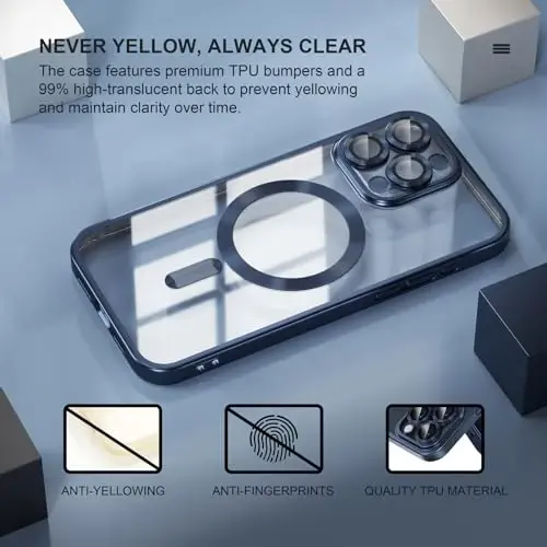 Misea Magnetic for iPhone 15 Pro Max Case [Never Yellowing] [Military Grade Drop Protection] Full Camera Lens Protector Soft Clear Phone Case for Women Girls, Titanium Blue - 3