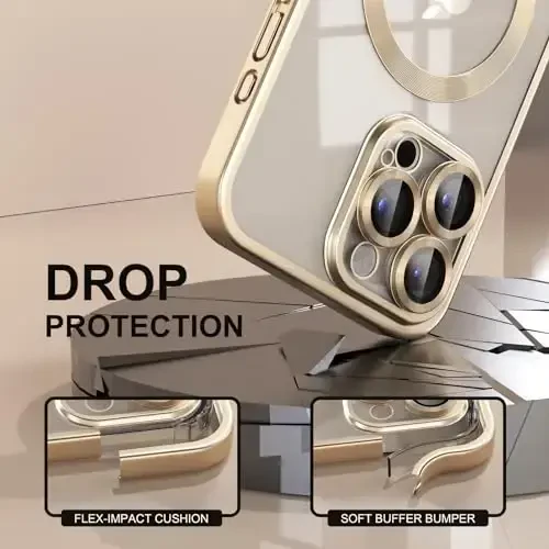 Misea Magnetic for iPhone 15 Pro Max Case [Never Yellowing] [Military Grade Drop Protection] Full Camera Lens Protector Soft Clear Phone Case for Women Girls, Titanium Gold - 4