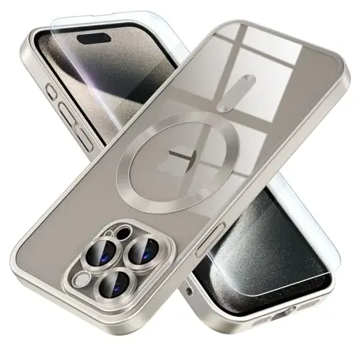 Misea Magnetic for iPhone 15 Pro Max Case [Never Yellowing] [Military Grade Drop Protection] Full Camera Lens Protector Soft Clear Phone Case for Women Girls, Titanium Natural - 1