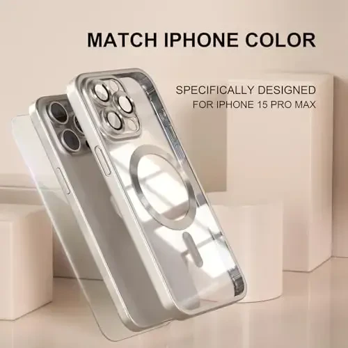 Misea Magnetic for iPhone 15 Pro Max Case [Never Yellowing] [Military Grade Drop Protection] Full Camera Lens Protector Soft Clear Phone Case for Women Girls, Titanium Natural - 7