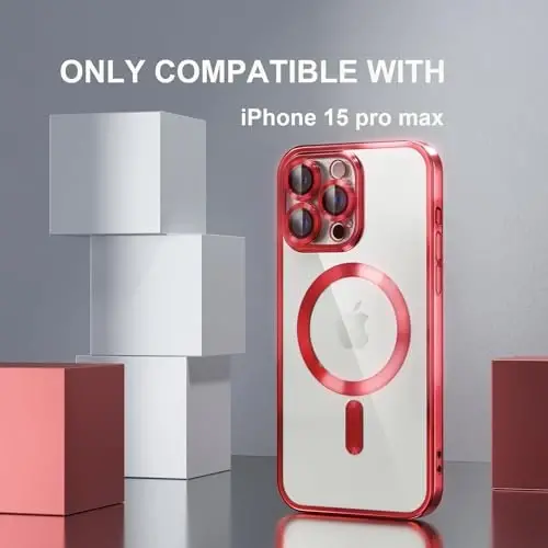 Misea Magnetic for iPhone 15 Pro Max Case with MagSafe [Hech qachon sarg'aymaydi] [Harbiy darajadagi tushishdan himoya] To'liq kamera linzalari himoyachisi Plating Yumshoq shaffof ayollar qizlar uchun telefon g'ilofi, Qizil - MISEA (1)
