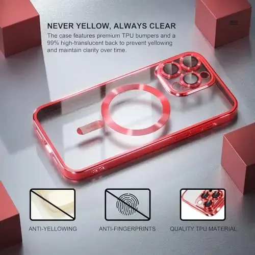 Misea Magnetic for iPhone 15 Pro Max Case with MagSafe [Hech qachon sarg'aymaydi] [Harbiy darajadagi tushishdan himoya] To'liq kamera linzalari himoyachisi Plating Yumshoq shaffof ayollar qizlar uchun telefon g'ilofi, Qizil - 3