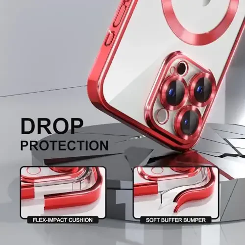 Misea Magnetic for iPhone 15 Pro Max Case with MagSafe [Hech qachon sarg'aymaydi] [Harbiy darajadagi tushishdan himoya] To'liq kamera linzalari himoyachisi Plating Yumshoq shaffof ayollar qizlar uchun telefon g'ilofi, Qizil - 4