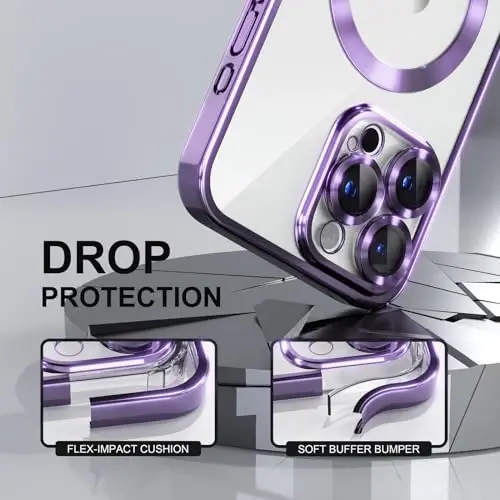 Misea Magnetic for iPhone 15 Pro Max Case with MagSafe [Hech qachon sarg'aymaydi] [Harbiy darajadagi tushishdan himoya] To'liq kamera linzalari himoyachisi Plating Yumshoq shaffof ayollar qizlar uchun telefon qutisi, Binafsha - 4