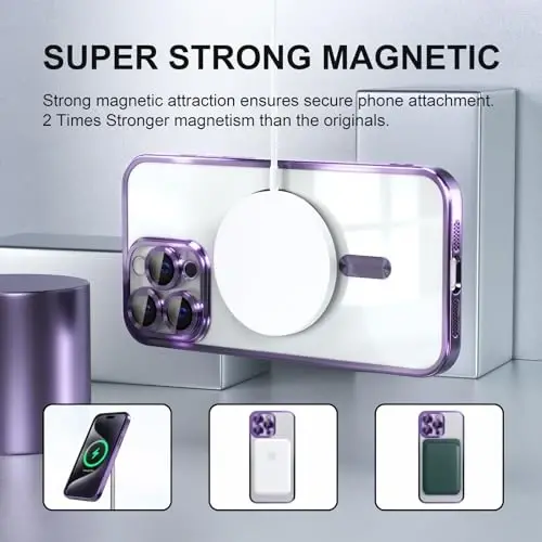 Misea Magnetic for iPhone 15 Pro Max Case with MagSafe [Hech qachon sarg'aymaydi] [Harbiy darajadagi tushishdan himoya] To'liq kamera linzalari himoyachisi Plating Yumshoq shaffof ayollar qizlar uchun telefon qutisi, Binafsha - 5