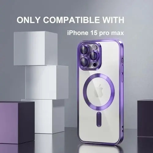 Misea Magnetic for iPhone 15 Pro Max Case with MagSafe [Hech qachon sarg'aymaydi] [Harbiy darajadagi tushishdan himoya] To'liq kamera linzalari himoyachisi Plating Yumshoq shaffof ayollar qizlar uchun telefon qutisi, Binafsha - 2