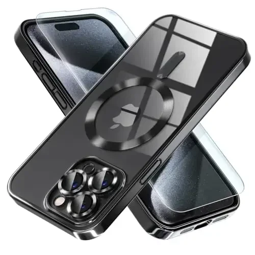 Misea Magnetic for iPhone 15 Pro Max Case with MagSafe [Hech qachon sarg'aymaydi] [Harbiy darajadagi tushishdan himoya] To'liq kamera linzalari himoyasi Qoplama Yumshoq shaffof ayollar qizlar uchun telefon g'ilofi, Qora 