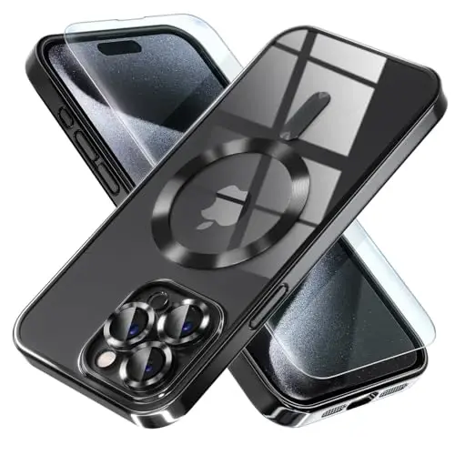Misea Magnetic for iPhone 15 Pro Max Case with MagSafe [Hech qachon sarg'aymaydi] [Harbiy darajadagi tushishdan himoya] To'liq kamera linzalari himoyasi Qoplama Yumshoq shaffof ayollar qizlar uchun telefon g'ilofi, Qora - MISEA
