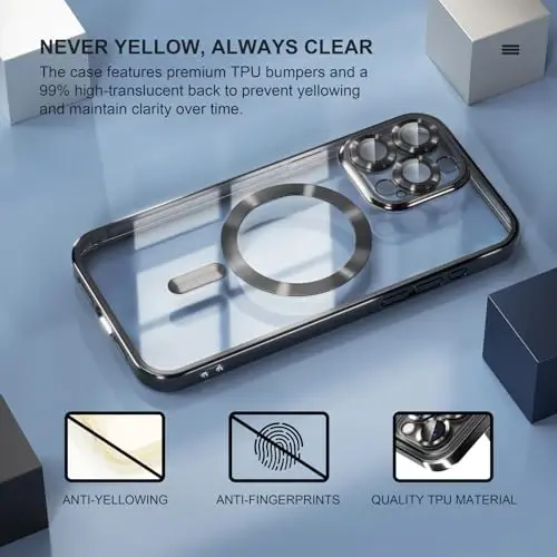 Misea Magnetic for iPhone 15 Pro Max Case with MagSafe [Hech qachon sarg'aymaydi] [Harbiy darajadagi tushishdan himoya] To'liq kamera linzalari himoyasi Qoplama Yumshoq shaffof ayollar qizlar uchun telefon g'ilofi, Qora - 3