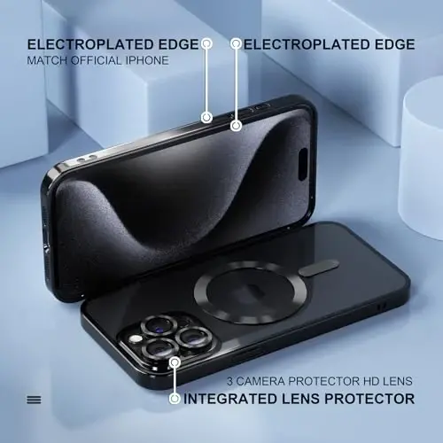 Misea Magnetic for iPhone 15 Pro Max Case with MagSafe [Hech qachon sarg'aymaydi] [Harbiy darajadagi tushishdan himoya] To'liq kamera linzalari himoyasi Qoplama Yumshoq shaffof ayollar qizlar uchun telefon g'ilofi, Qora - 6