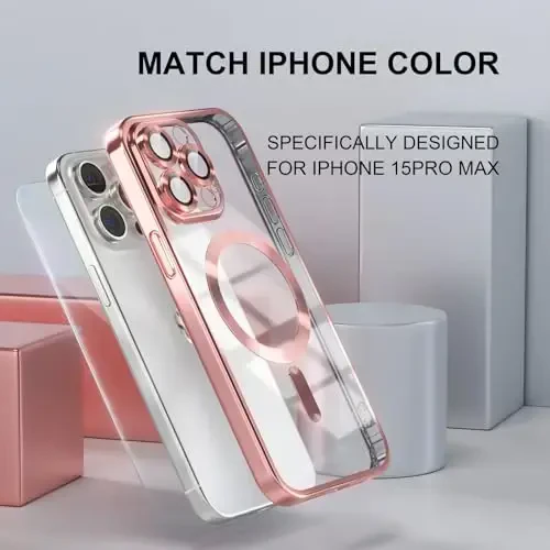Misea Magnetic for iPhone 15 Pro Max Case with MagSafe [Never Yellowing] [Military Grade Drop Protection] Full Camera Lens Protector Plating Soft Clear Phone Case for Women Girls, Pink - 7