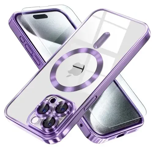 Misea Magnetic for iPhone 15 Pro Max Case with MagSafe [Never Yellowing] [Military Grade Drop Protection] Full Camera Lens Protector Plating Soft Clear Phone Case for Women Girls, Purple 