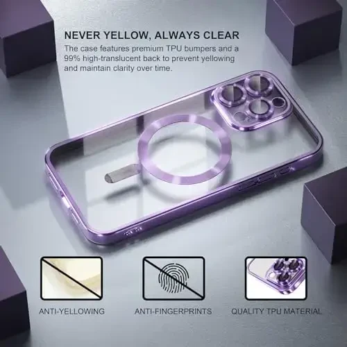 Misea Magnetic for iPhone 15 Pro Max Case with MagSafe [Never Yellowing] [Military Grade Drop Protection] Full Camera Lens Protector Plating Soft Clear Phone Case for Women Girls, Purple - 3