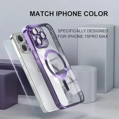 Misea Magnetic for iPhone 15 Pro Max Case with MagSafe [Never Yellowing] [Military Grade Drop Protection] Full Camera Lens Protector Plating Soft Clear Phone Case for Women Girls, Purple - 7