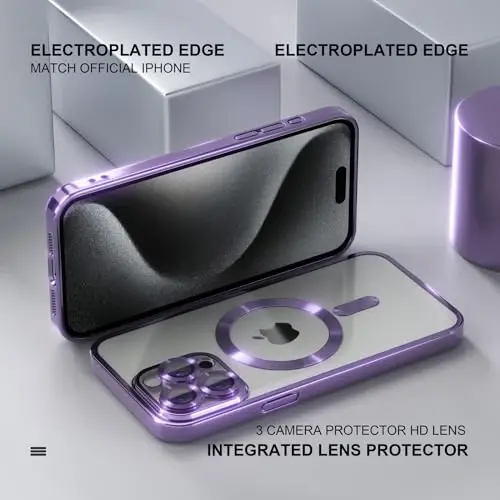Misea Magnetic for iPhone 15 Pro Max Case with MagSafe [Never Yellowing] [Military Grade Drop Protection] Full Camera Lens Protector Plating Soft Clear Phone Case for Women Girls, Purple - 6