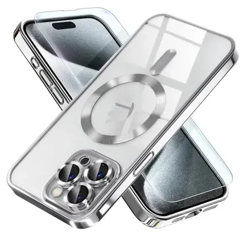 Misea Magnetic for iPhone 15 Pro Max Case with MagSafe [Never Yellowing] [Military Grade Drop Protection] Full Camera Lens Protector Plating Soft Clear Phone Case for Women Girls, Silver 