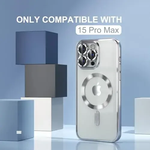 Misea Magnetic for iPhone 15 Pro Max Case with MagSafe [Never Yellowing] [Military Grade Drop Protection] Full Camera Lens Protector Plating Soft Clear Phone Case for Women Girls, Silver - 2