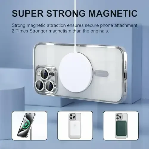 Misea Magnetic for iPhone 15 Pro Max Case with MagSafe [Never Yellowing] [Military Grade Drop Protection] Full Camera Lens Protector Plating Soft Clear Phone Case for Women Girls, Silver - 5