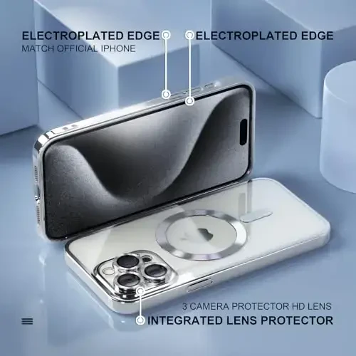 Misea Magnetic for iPhone 15 Pro Max Case with MagSafe [Never Yellowing] [Military Grade Drop Protection] Full Camera Lens Protector Plating Soft Clear Phone Case for Women Girls, Silver - 6