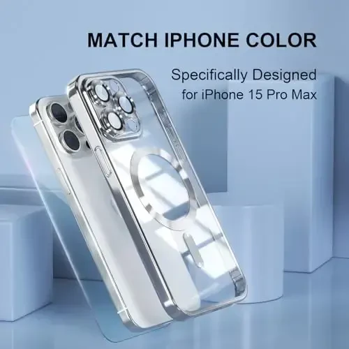 Misea Magnetic for iPhone 15 Pro Max Case with MagSafe [Never Yellowing] [Military Grade Drop Protection] Full Camera Lens Protector Plating Soft Clear Phone Case for Women Girls, Silver - 7