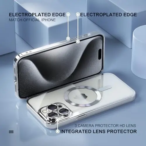 Misea Magnetic for iPhone 15 Pro Max Case with MagSafe [Never Yellowing] [Military Grade Drop Protection] Full Camera Lens Protector Plating Soft Clear Phone Case for Women Girls, Silver 